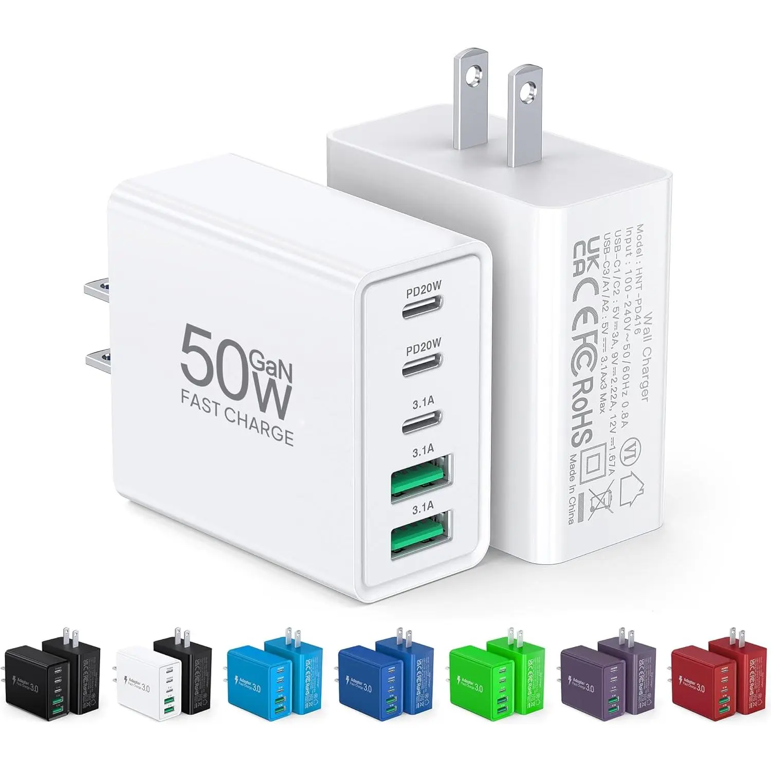 2Pack USB C  Charger Block,50W 5-Port USB Wall Charger Brick,2 USB A & 3 USB C PD3.0 Power Adapter Multiport Type C  Plug for  17/16/15/14,Pad Mini/Pro,AirPods 4,GalaxyS25(White)