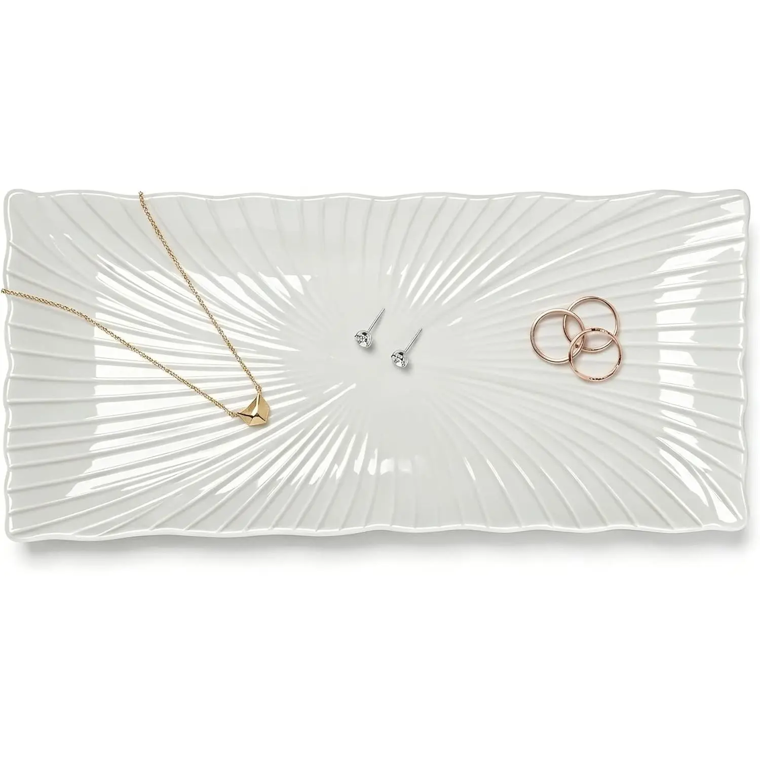 Ceramic  Tray - Fan-Shaped  Trinket Dish - Rectangular Porcelain Organizer for Necklaces, Rings, Earrings - Decorative  Tray for Bedroom, Bathroom & Dresser