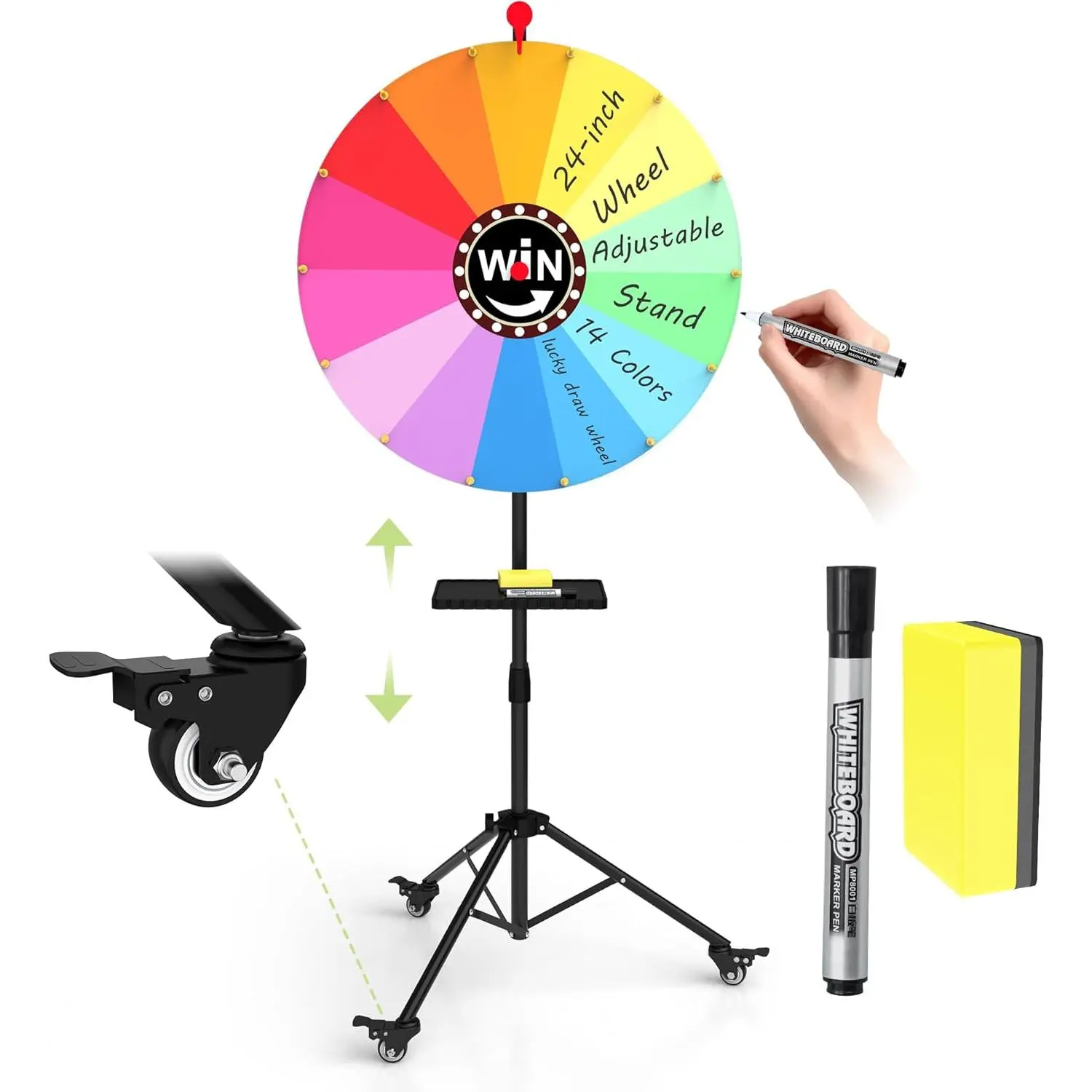 24-Inch Prize Wheel with Lockable Wheels, Portable 14-Color Spinning Prize Wheel, Adjustable 33"-66" Height Spin Doodle Game Spinner with Folding Tripod Stand, Storable Spinning Wheel for Prizes(24″)