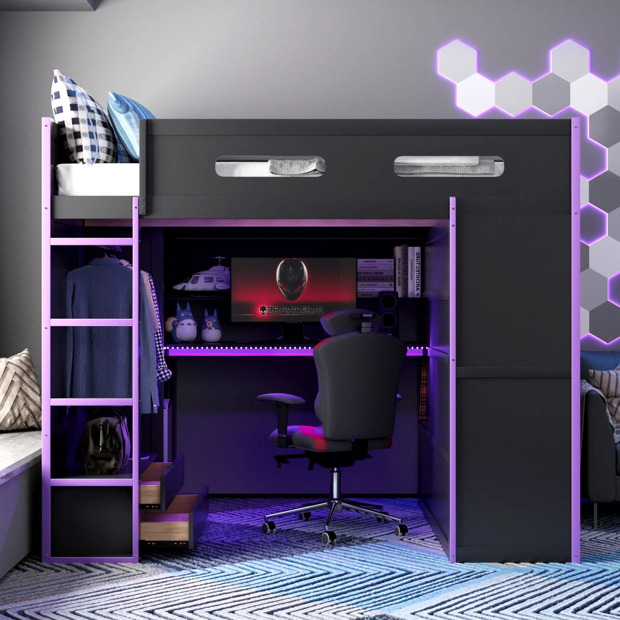 ARCH Full Size Wood Loft Bed with Desk, Wardrobe, Storage Drawers, RGB Lights, USB Port, Gaming Station, Purple, for Bedroom & Dorm, No Mattress Included, Wood Material, 56.70 W x 78.50 D, Single, Bed Frame Full Bed