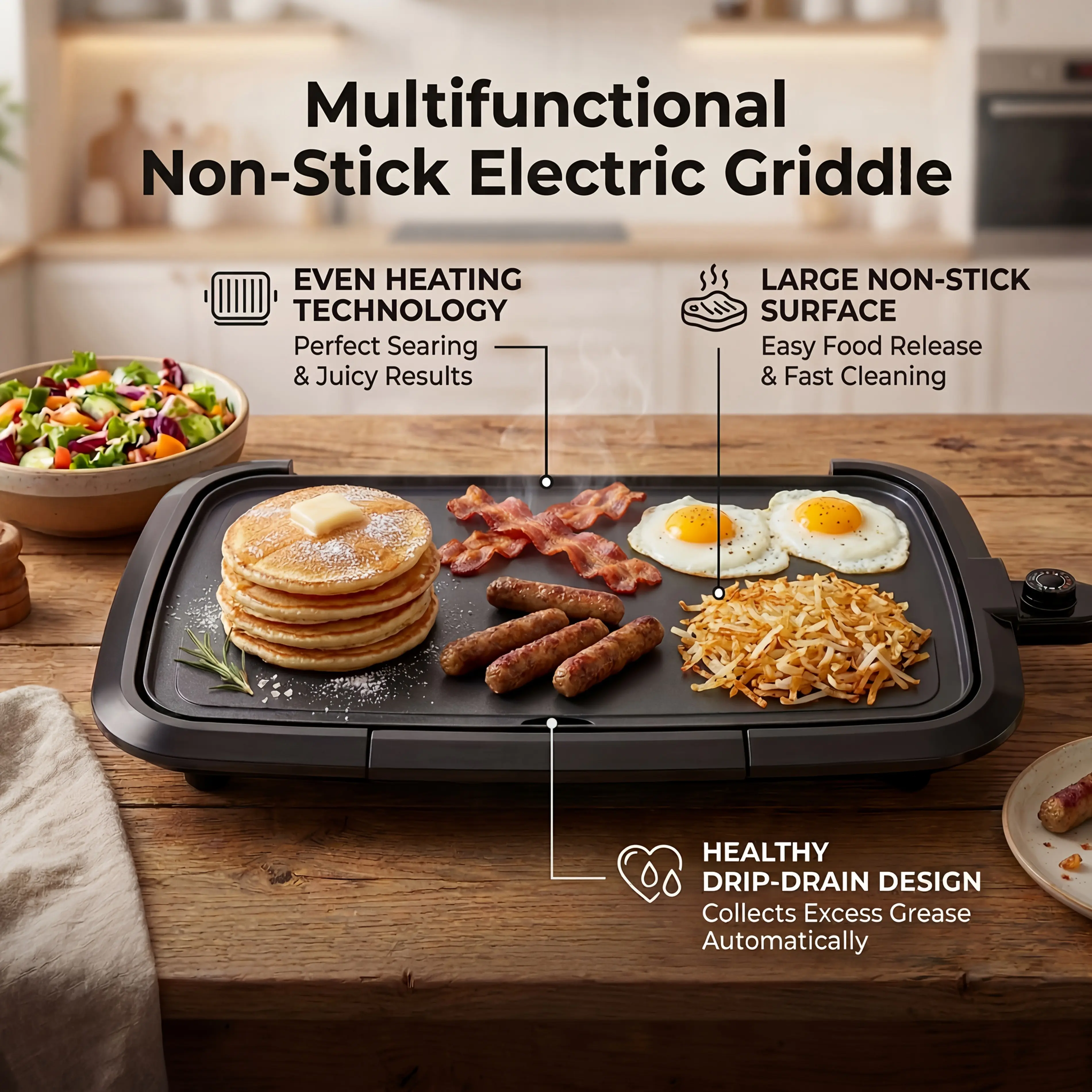 Multifunctional Electric Griddle with Adjustable Temperature & Healthy Non-Stick Coating Suitable for Breakfast Maker, Pancake Machine, Party Grill,, Compact for Small Kitchens, Ideal Gift for Use ( Plug)