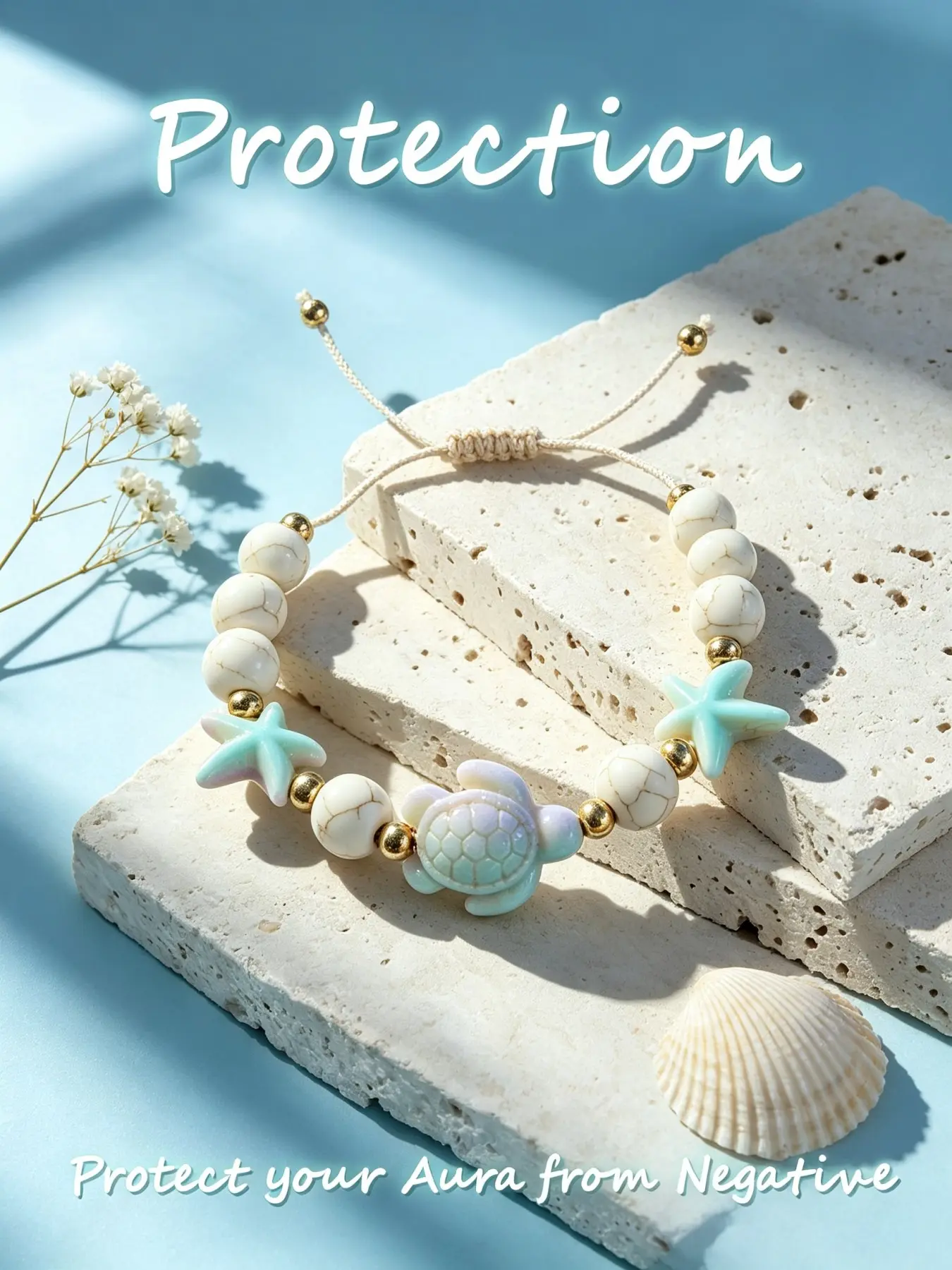 Iridescent Sea Turtle Starfish Charm Adjustable Bracelet, White Vein Howlite Bead Spiritual Protection Layerable Accessory, Pairs Perfectly With Daily Casual Outfits & Beach Vacation Looks, Soothing Protective Gift for Aura Cleansing