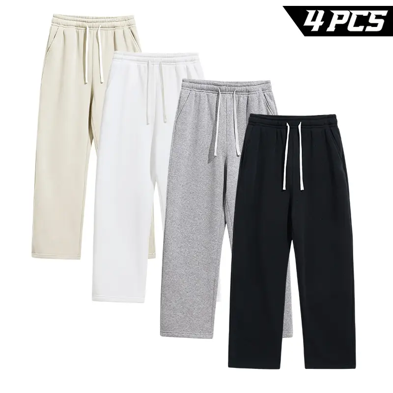 Men's 4-Pack Straight-Leg Lounge Sweatpants, Relaxed Wide-Leg Drawstring Pants with Side Pockets for Travel, Gym and Home