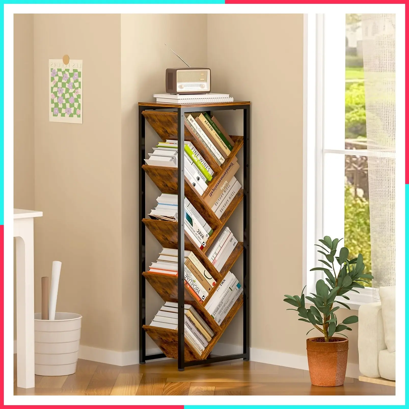 9-Tier Floor Standing Tree Bookshelf - Vintage Living Room Book Storage Organizer with Adjustable Feet for Hardcover Books