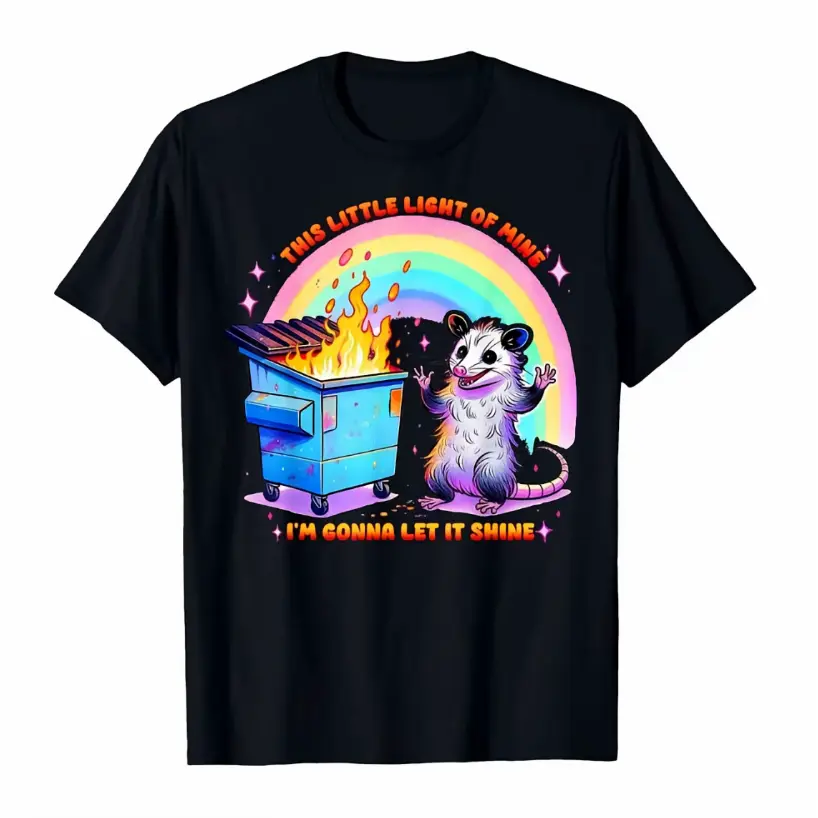 Opossum Dumpster Fire Rainbow This Little Light Of Mine Black Cotton T-Shirt, Weirdcore Meme Possum Casual Outfit, Best Gift For Oddity Art Lover Streetwear Tee