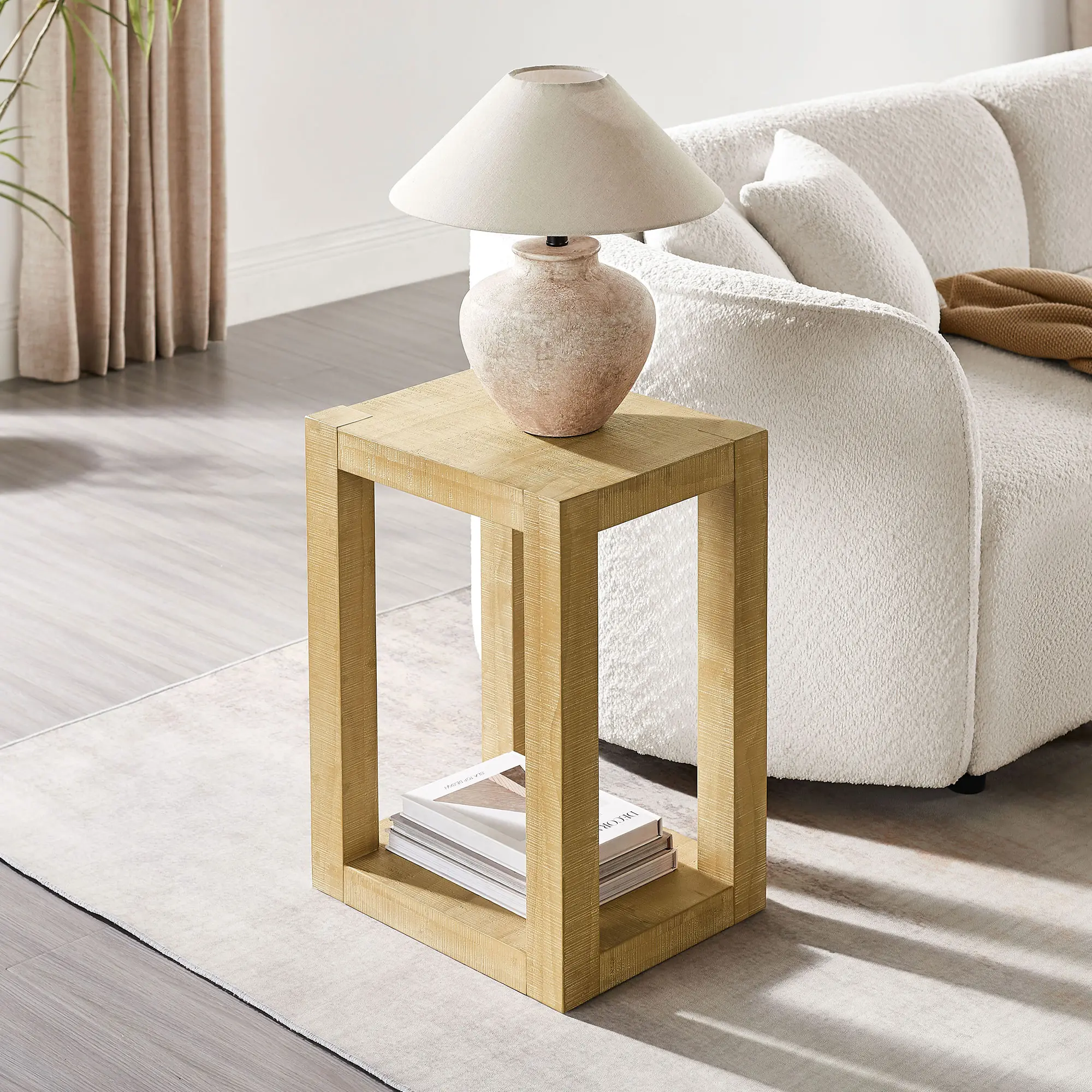 Nokaa 14 Inch Rectangular MDF Side Table, Modern End Table with Natural Finish, Two-Tier Coffee Table for Living Room, Bedroom, Apartment, Small Space, Easy Assembly