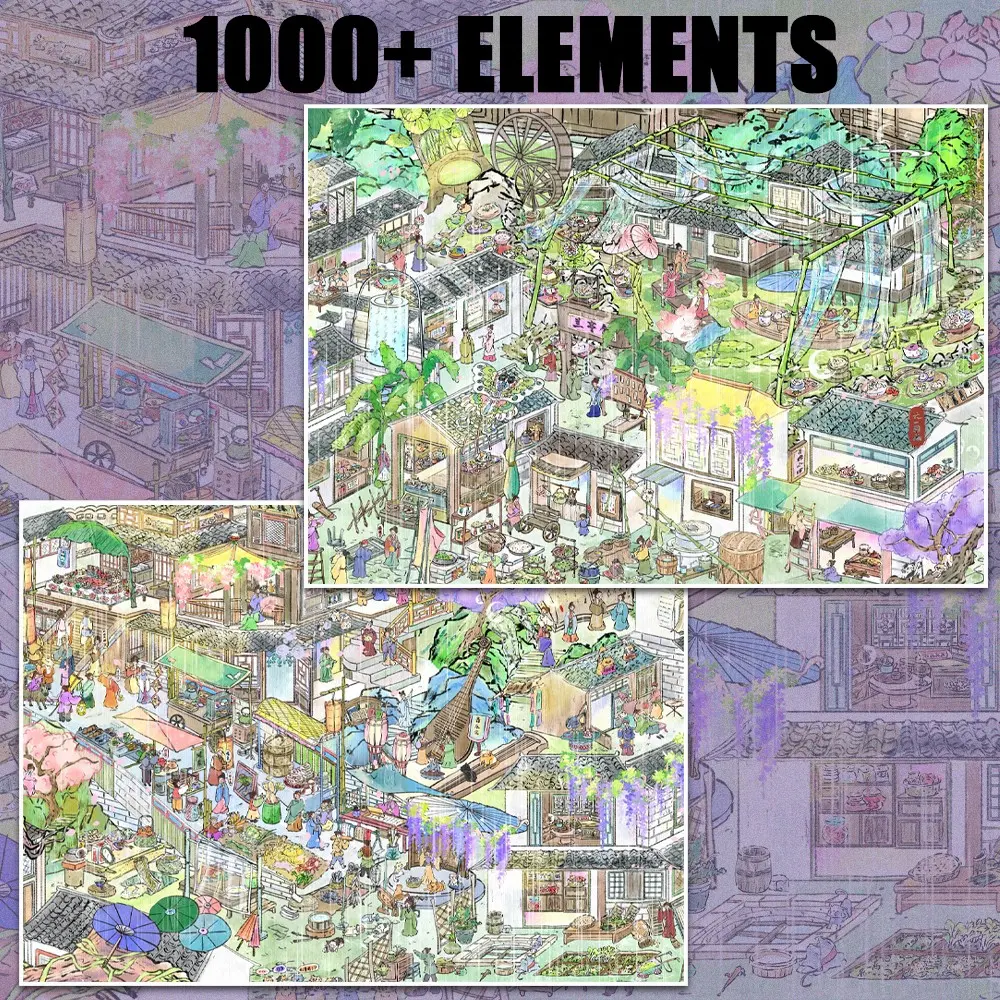 1000+ Elements Water Village Scenes Sticker , Aesthetic Jiangnan Rainy Day Scenery Stickers, Extra-Long Format for Big Projects, Lotus, Boats, Bridges, DIY Supplies, Endless Creations