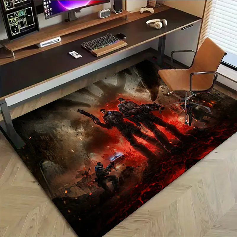Classic Shooting Game Gears Gaming Room Theme Home Office Living Room Decor for Fans, Office Chair Mat for Carpet, Workspace Accessory, Dynamic Pattern, Easy Maintenance, Themed Floor Covering