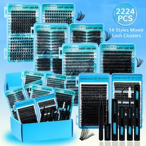 ADORANCE 4 Box 2224PCS Lash Clusters Kit, 14 Styles Mixed Lash Clusters, Natural Wispy Cat Eye Lashes, Large Capacity DIY Lash Extension Kit with Bond & Seal, Remover and Tweezers