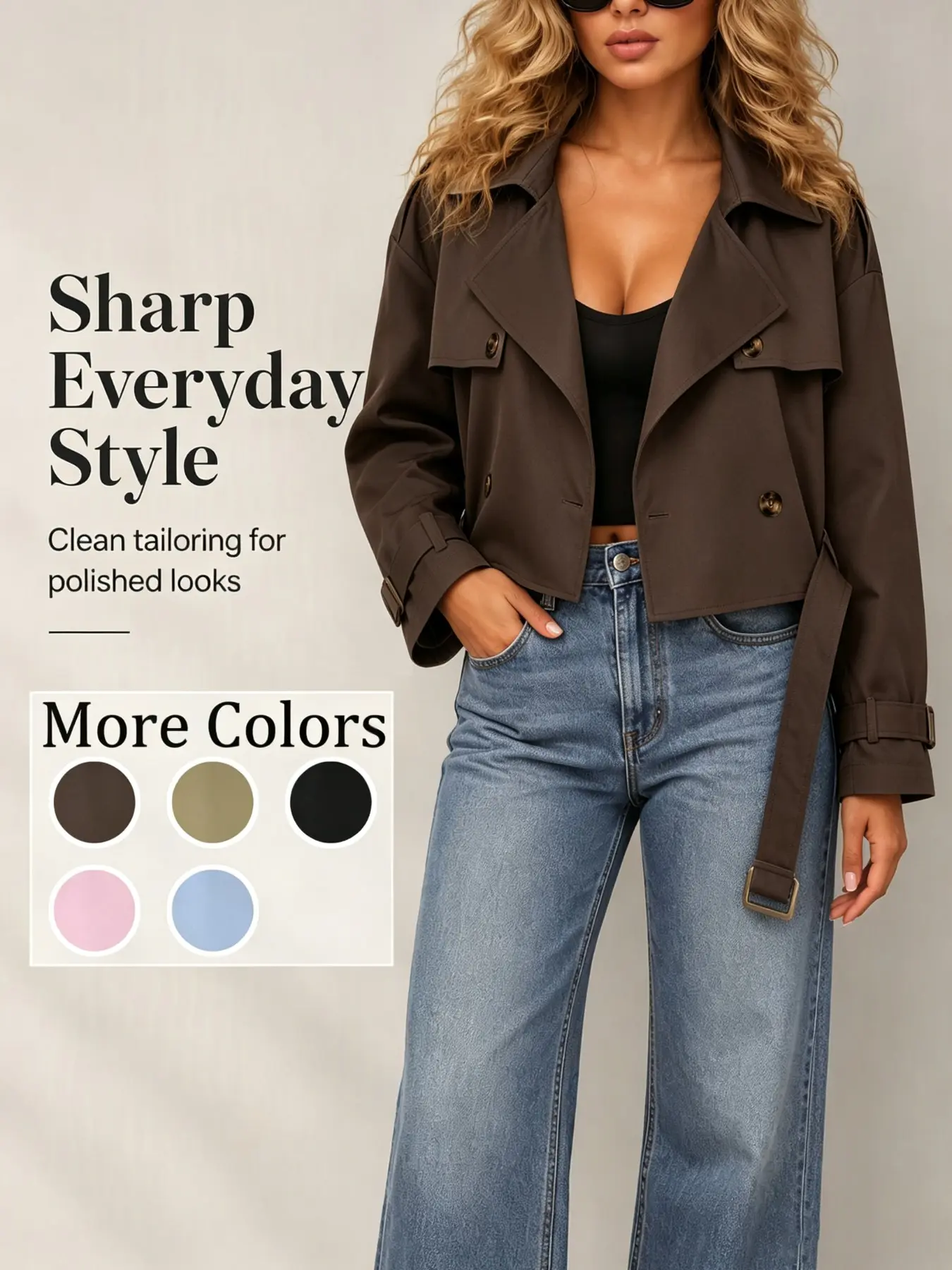 Short Windbreaker Jacket Women, Classic Notched Lapel Design, Loose Long Sleeve, High Waist Style, Early Autumn Casual Retro Outerwear Coats