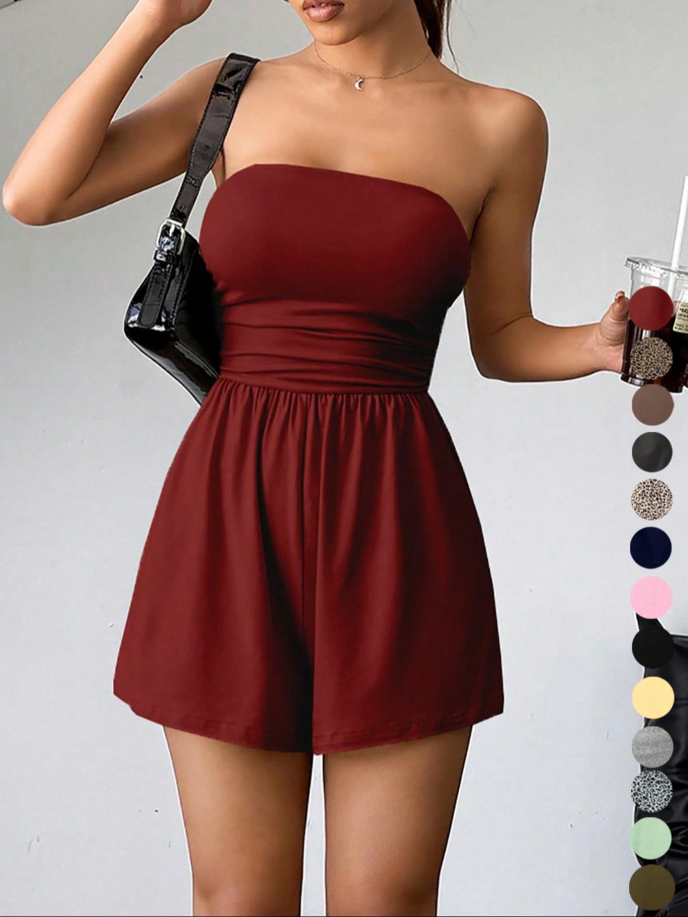 LovelyWholesale，Women's Plain Leopard Print Sleeveless Fitted Tube Romper, Casual Fashion Strapless Romper for Spring And Summer, Women's Clothes for Daily Wear