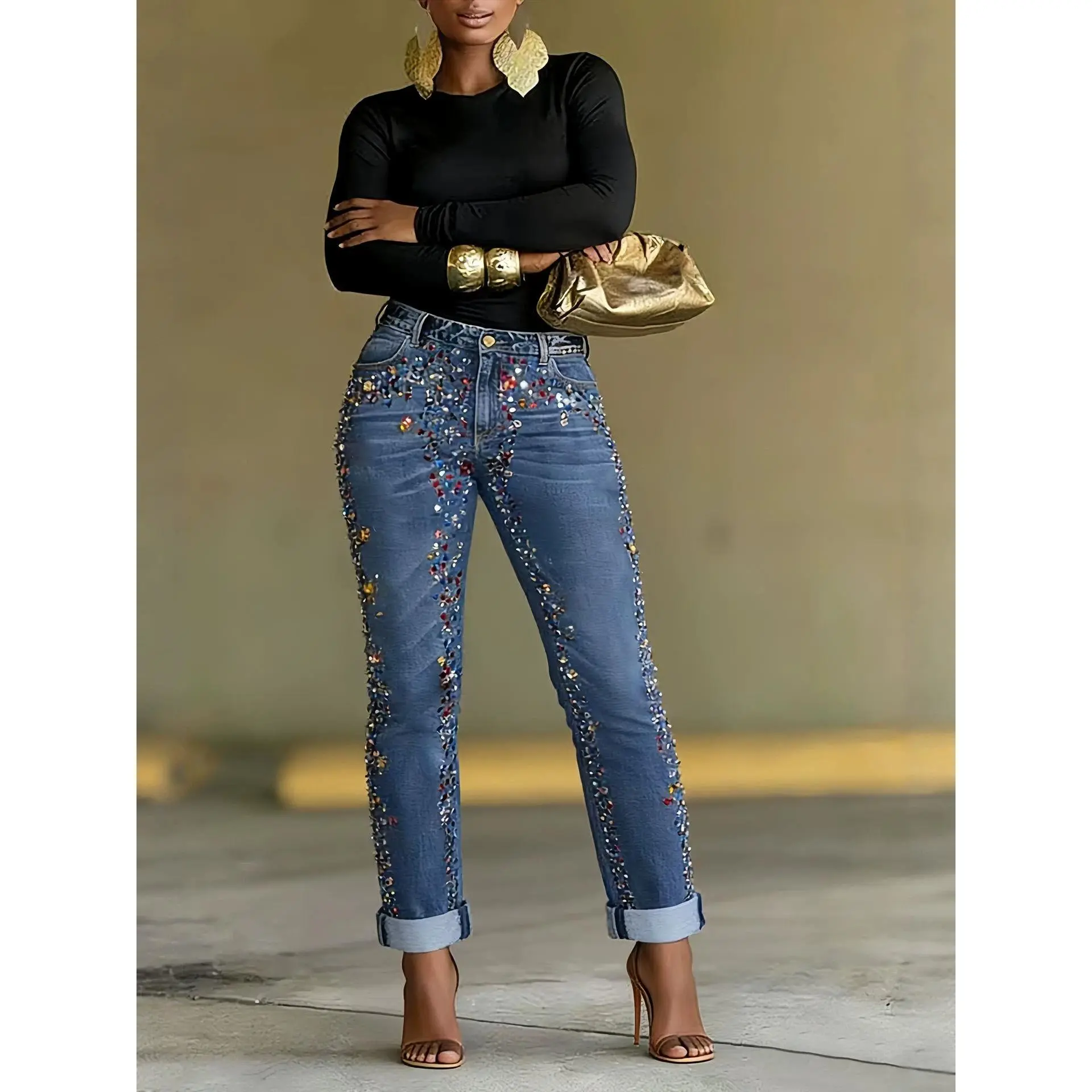 2026  TK cross-border European and American foreign trade women's fashion high-waisted colorful rhinestone skinny jeans