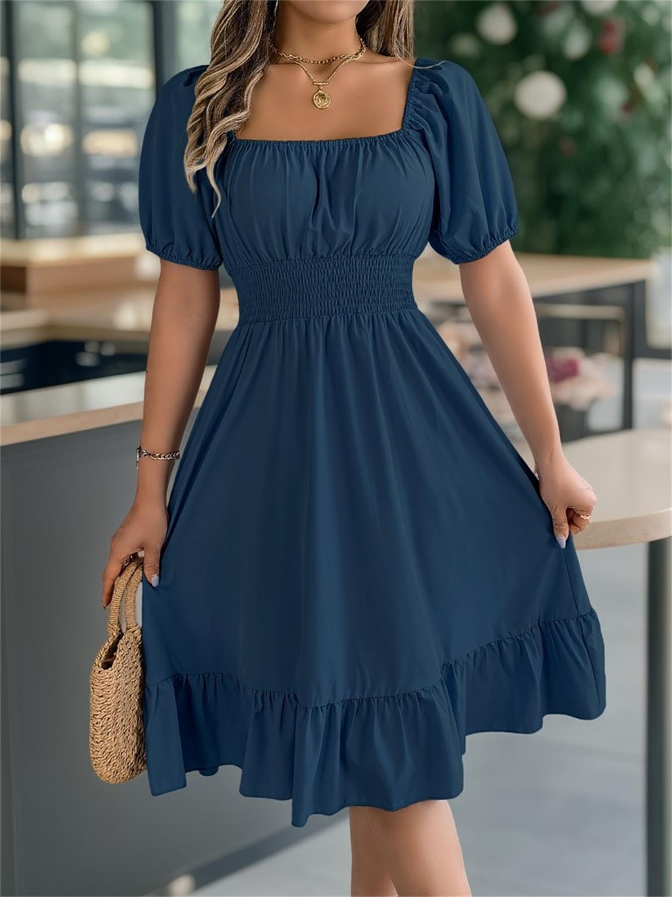 Women's Plain Ruffle Hem Shirred A Line Dress, Casual Fashion Dress, Casual Puff Sleeve Square Neck Knee Length Dress for Summer, Women's Clothing for Daily Wear