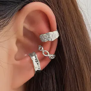 Women's Non-Piercing Silver Ear Cuff Set - Hammered Tin Foil, Hollow Cuban Link, Textured Lava Conch Clip Earrings, Fake Piercings Jewelry with Nylon Components for Female Daily Use (Sports & Outdoor Camping Hiking Hammocks Accessory)