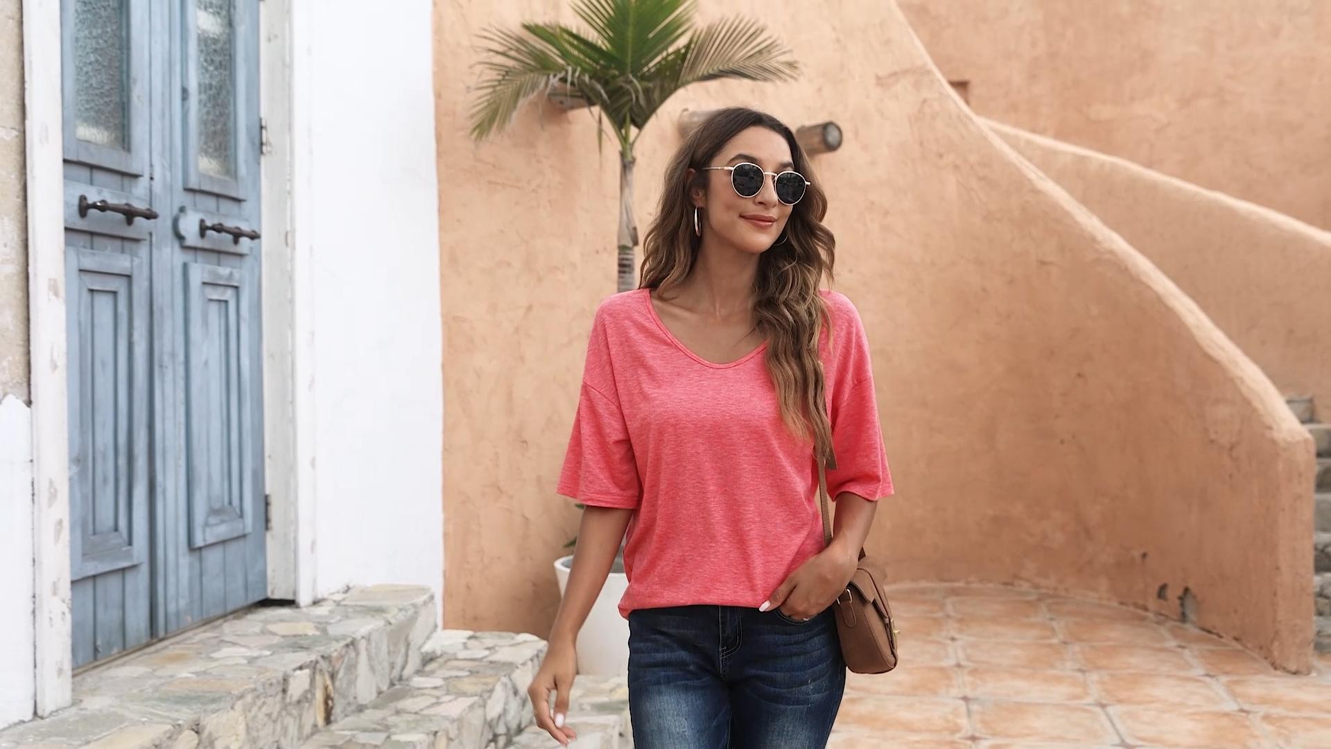 Imily Bela Women Fashion V-Neck Half Sleeves Oversized T Shirt Solid Casual Loose Basic Tops Fabric Summer Womenswear Lightweight Necklace Skinny Style Comfort Streetwear Spandex