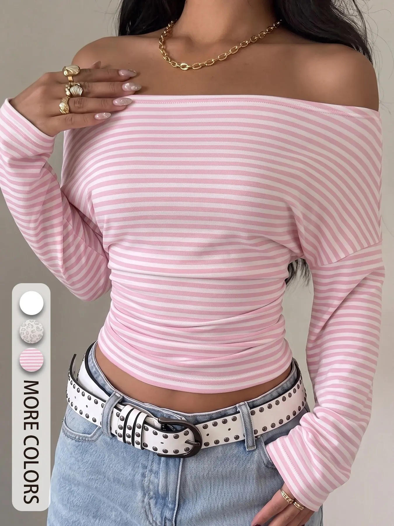 Sweet Women’s Pink White Horizontal Stripe Off Shoulder Side Waist Ruched Crop Long Sleeve Top, One Shoulder Slim Fit Bodycon Blouse, Soft Stretch Knit Fresh Layering Tee, Neutral Top For Coffee Shop Selfie, Date Night & Denim Matching Outfit #springsaled