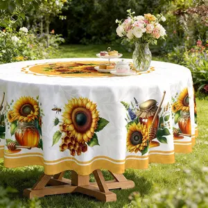 Round Tablecloth with Sunflower Bee Print, 120g/m² Polyester, Furniture Protector, Party Decor, Hotel Restaurant Home Use