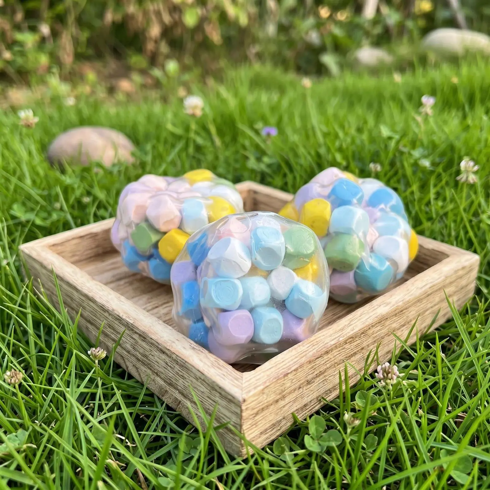 Dopamine Wooden Cube Squeeze Ball,TPR Shell Squishy Fidget Toy,Color Wood Sensory Stress Relief Toy,Anxiety Calming Gift for Kids & Adults