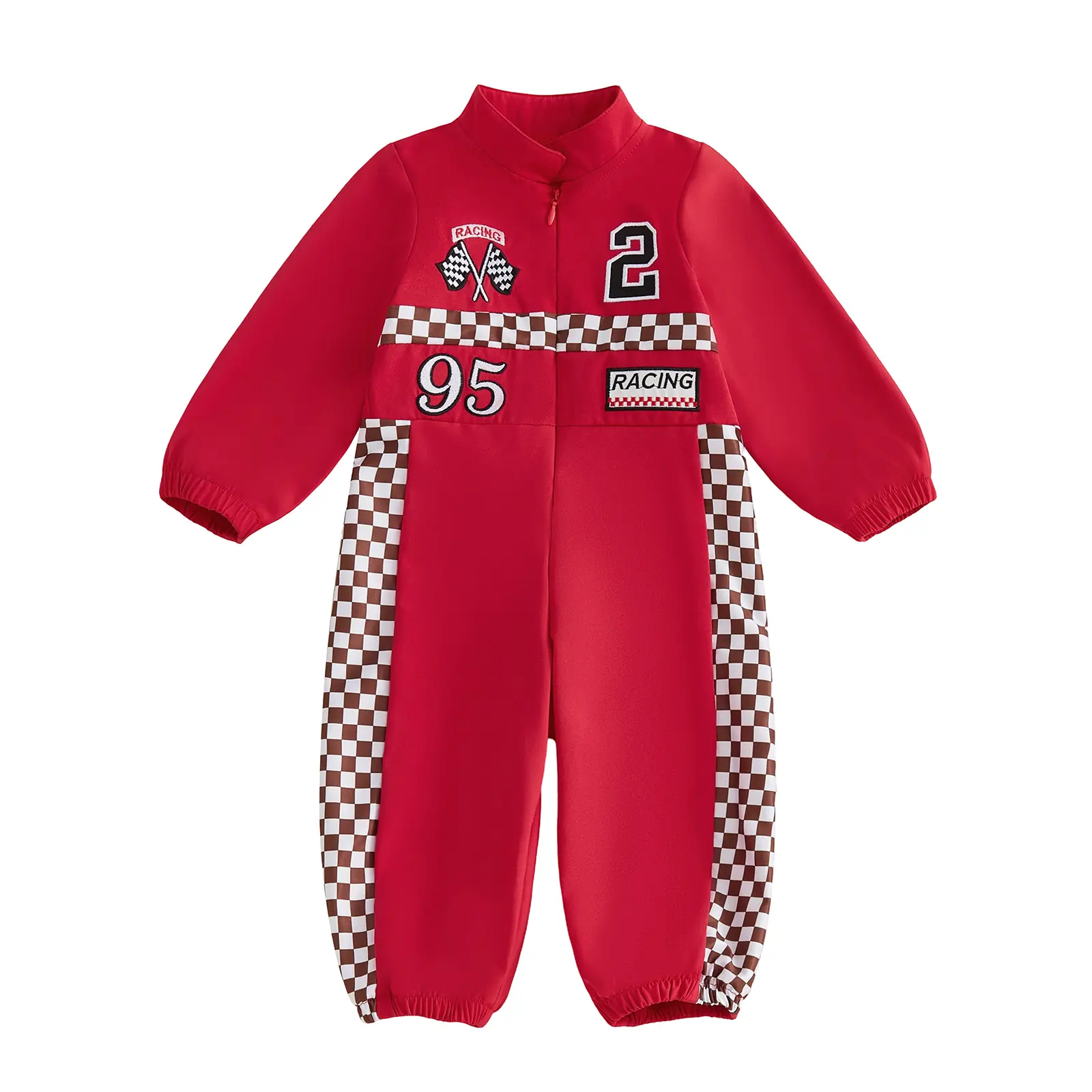 Baby Boys Racing Long Sleeve Romper Checkered Flag Pattern Jumpsuit Stand Collar Half Zipper Embroidered Number Racing Suit Bodysuit Burgundy Blue Spring Autumn Outfit