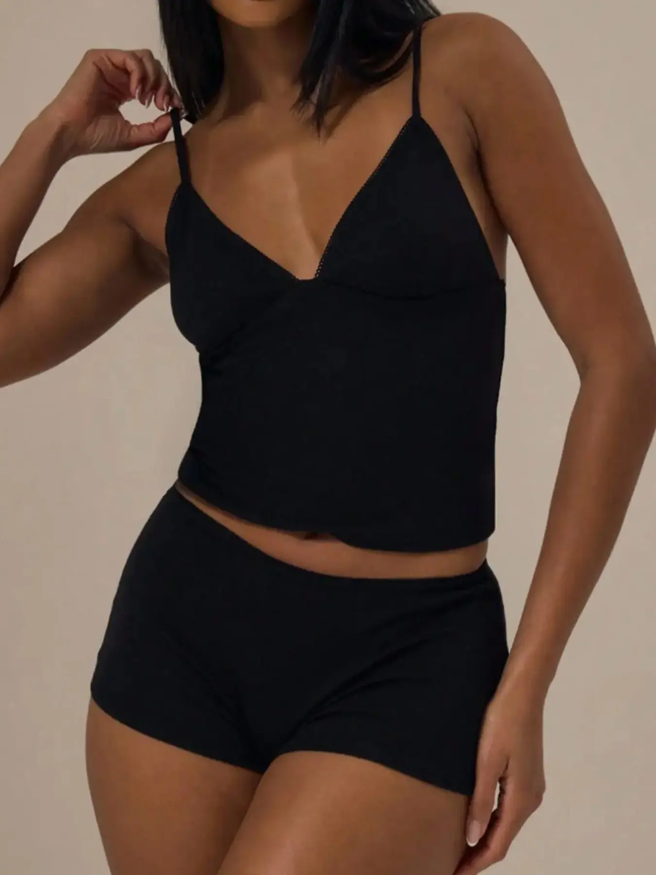 Black V Neck Thin Strap Cami Top & Shorts 2 Piece Set Soft Basic Lightweight Lounge Sleepwear Outfit