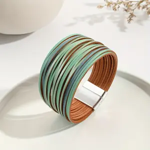 1pc of Bohemian Multi-Stripe Gradient PU Magnetic Clasp Bracelet, a Layered Vintage Mixed-Color Wide Faux Leather Wrap Bangle