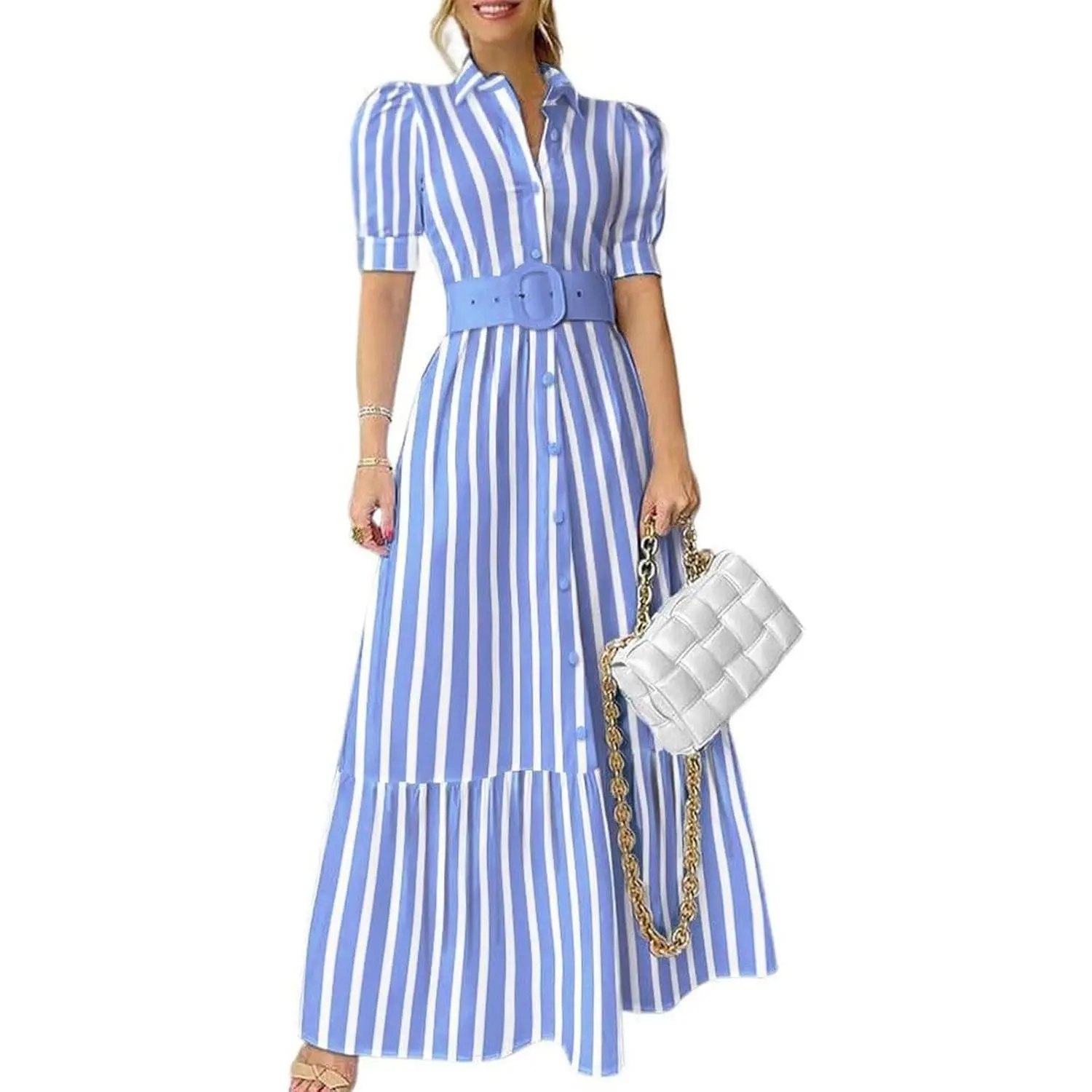 Womens Striped Button Down Shirt Dress Casual Puff Short Sleeve Ruffle Hem Maxi Dresses with Belt