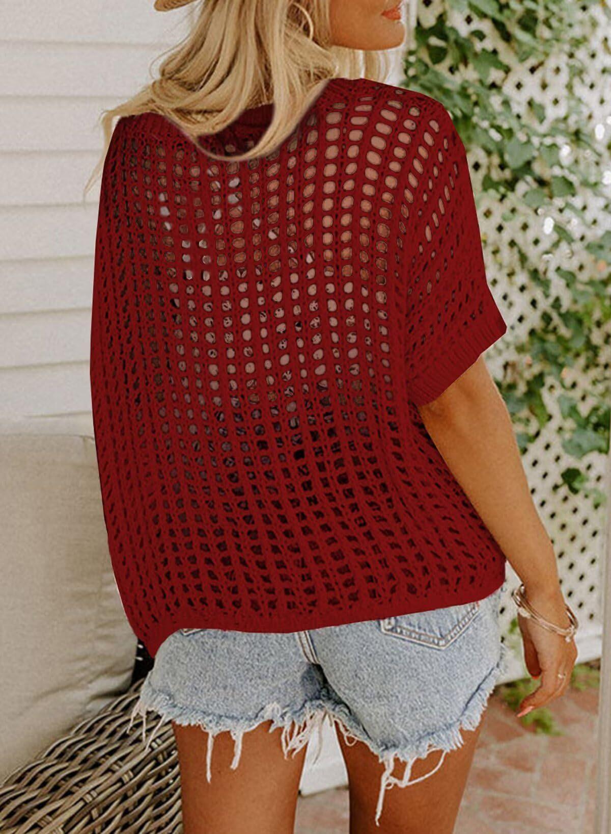 2026 summer five-quarter sleeve sexy hollow top pullover beach blouse knitted sweater women