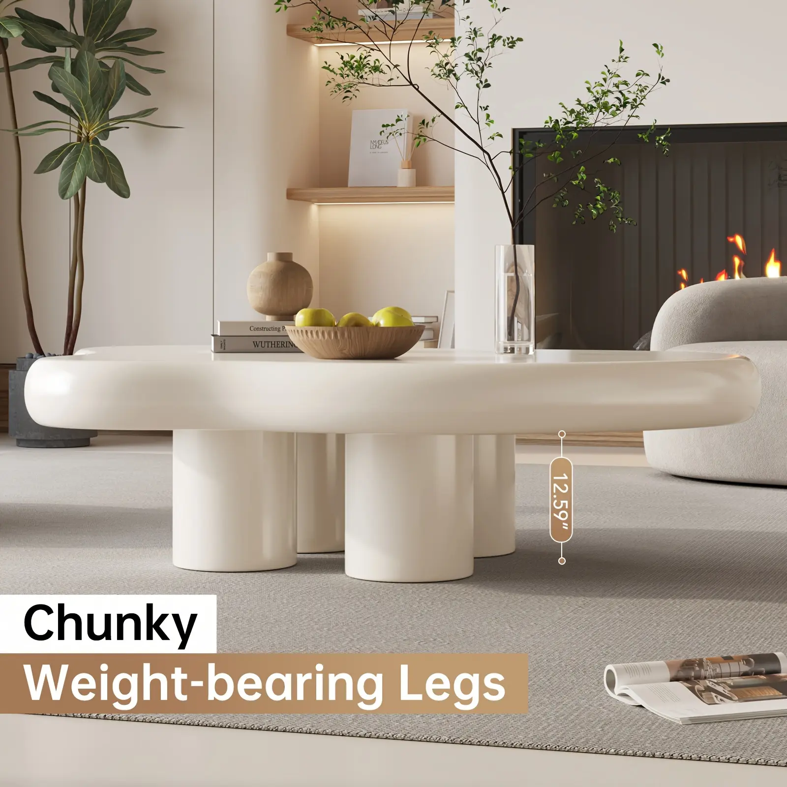 Modern White Cloud Coffee Table - Unique Irregular Shape, 4-Leg Design, 35.82 Inches, Minimalist Style with Rounded Edges & Sleek Finish for Living Room, Legs