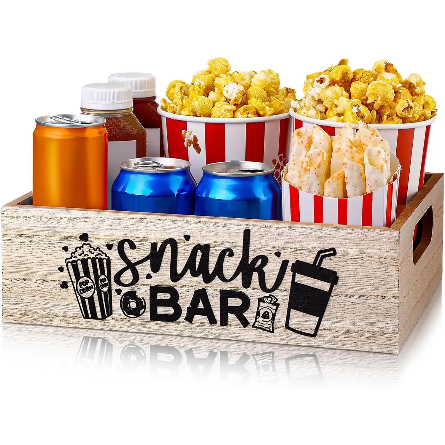 Movie Night Snack Tray, Wooden  ,Snack Bar | With Handles for Popcorn Drinks Snacks,  Theater Decor Basket, Organizer for Family Movie Parties and Entertaining