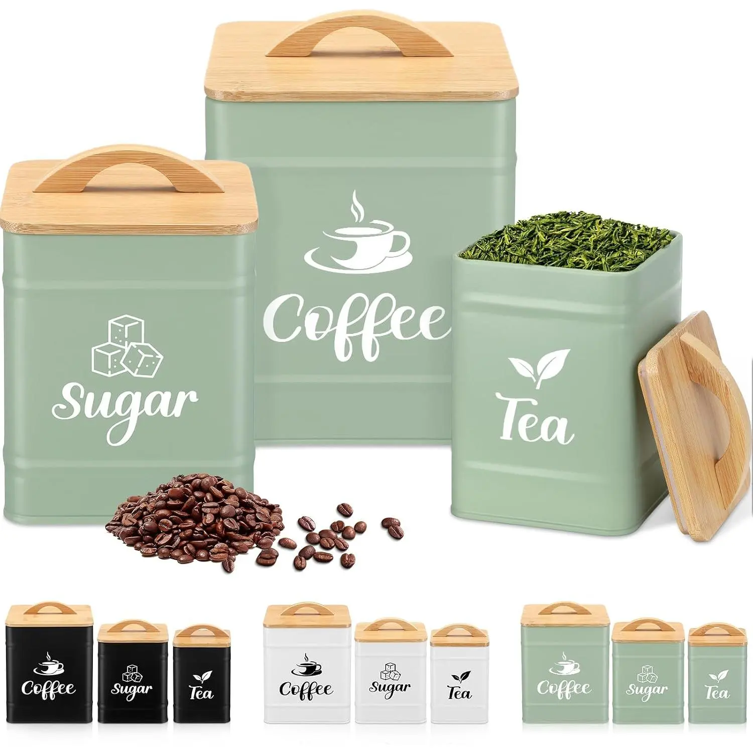 3 Set Coffee Sugar  Containers, Square Airtight Kitchen Canisters Storage Ground Organization with   Rustic Metal Jars for Coffee Bar Beans,  Leaves, , Countertop(Turquoise)