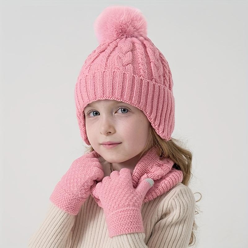3pcs Winter Warm Hat, Gloves & Scarf Set - Soft Stretchable -like Ear Protection Outfit with Pink Bow-like Pom-Poms, Beige//Gray Color Options for Boys & Girls (Ages 3-8) - Hand Washable Cold Weather