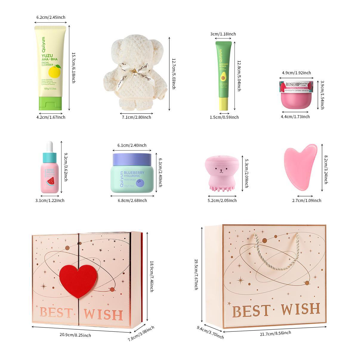 Fruit Themed Skin Care Gift Box, Spa Gift Set, Moisturizing Set, Skin Rejuvenating Set, 1 Box Moisturizing Skin Care Kit, Including Facial Cleanser, Eye Cream, Facial Serum, Face Cream, Bear Towel, Scraper, Brush
