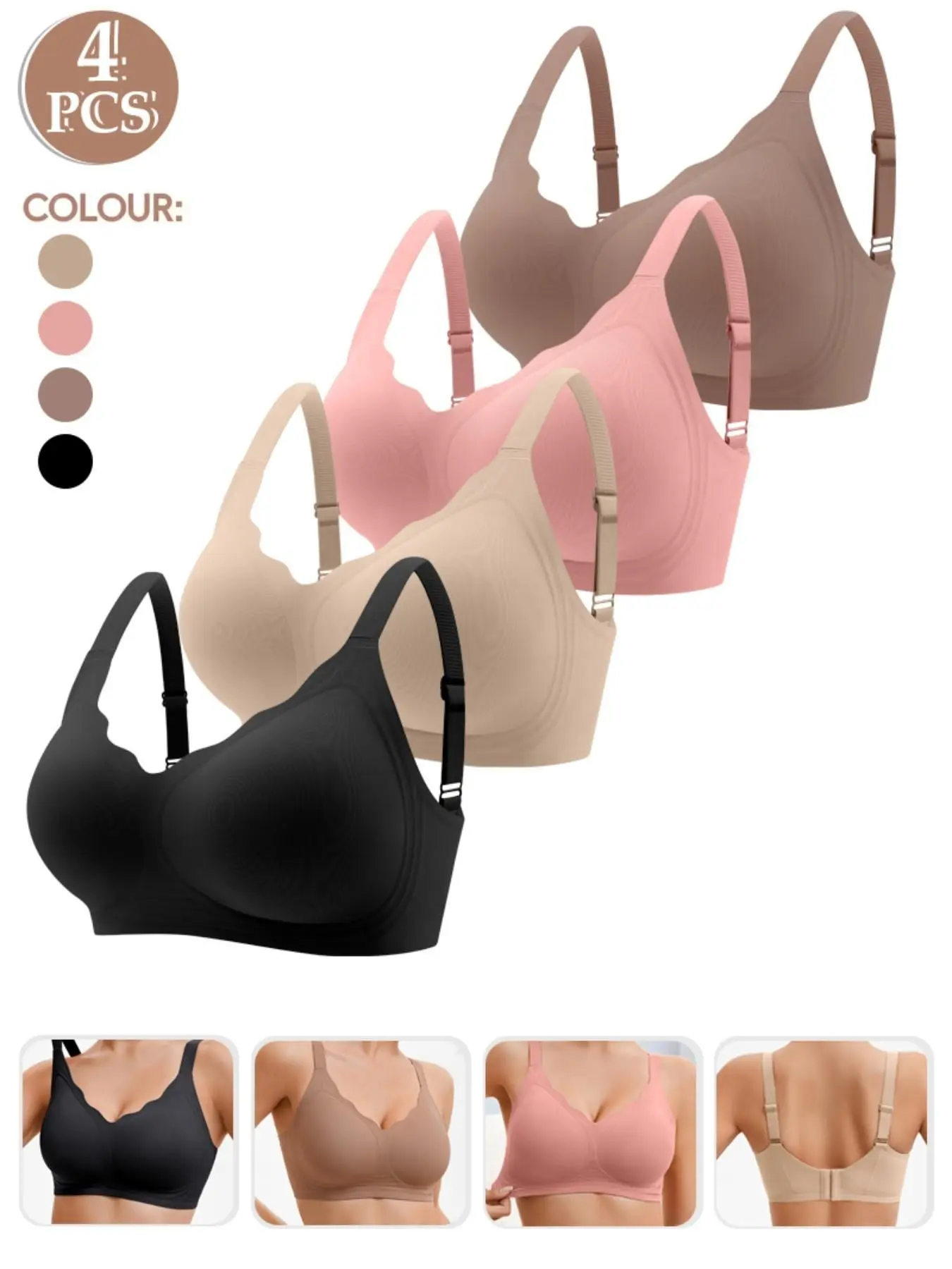 Women's 4 Pack Scalloped Edge Push Up Bras - Wireless Seamless Jelly Bra, Natural Lift & Full Coverage T-Shirt Bra