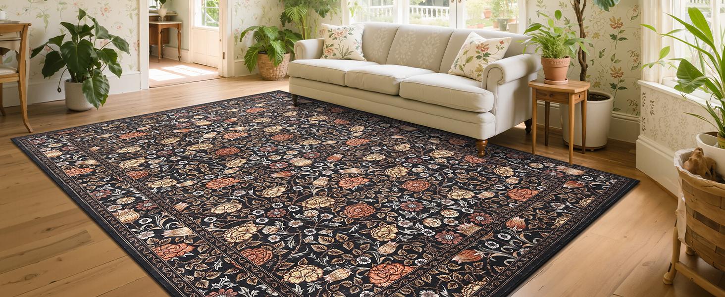 5x7 Brown Vintage Floral Boheme Area Rug, Low-Pile Washable Non-Slip Stain-Resistant Carpet for Living Room, Bedroom, Boheme Area Rugs