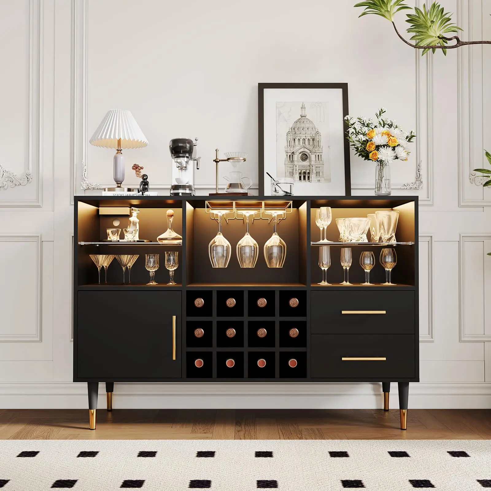 Bar Cabinet with LED Lights & Charging Station, 47 Inch Kitchen Buffet Sideboard with Storage Drawers, Wine Rack & Doors, Modern Liquor Cabinet for Living Room, Dining Room, Home - Black