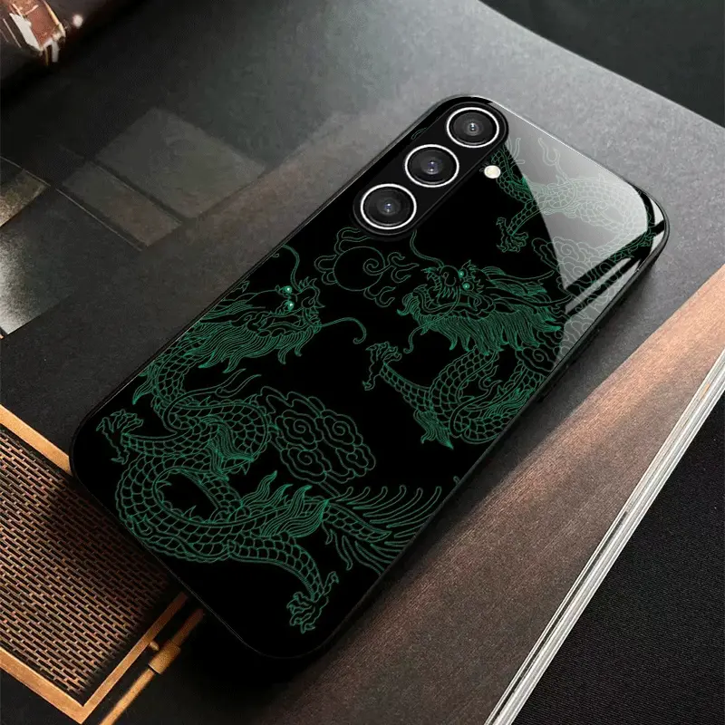 Phone Case: Trendy Chinese-style Creative Azure Dragon Tempered Glass Black New Phone Case for  S26 S25 S24 S23 S22Pro S21 S20 Fe Plus Ultra Pro A56 A55 A54 A53 A52 A51 A36 A35 A34 A32 A26 A25 A24 A23 A16 A15 A14 A06 A05 A03s, Accessories, Smartphone, Mul