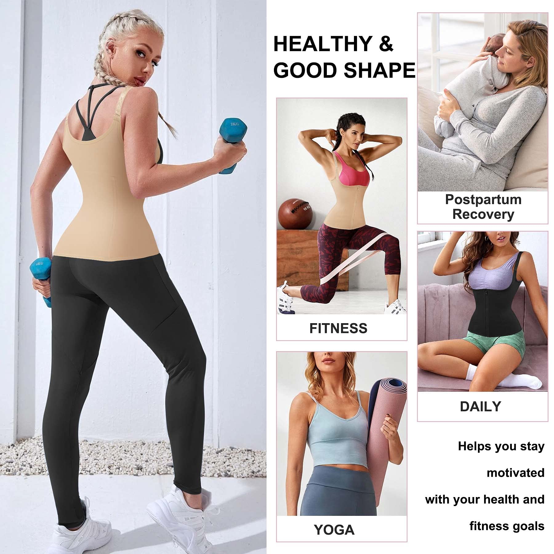 Zippered Waist Trainer Corset Waist Tummy Control Body Shaper Cincher Back Support with Adjustable Straps Black