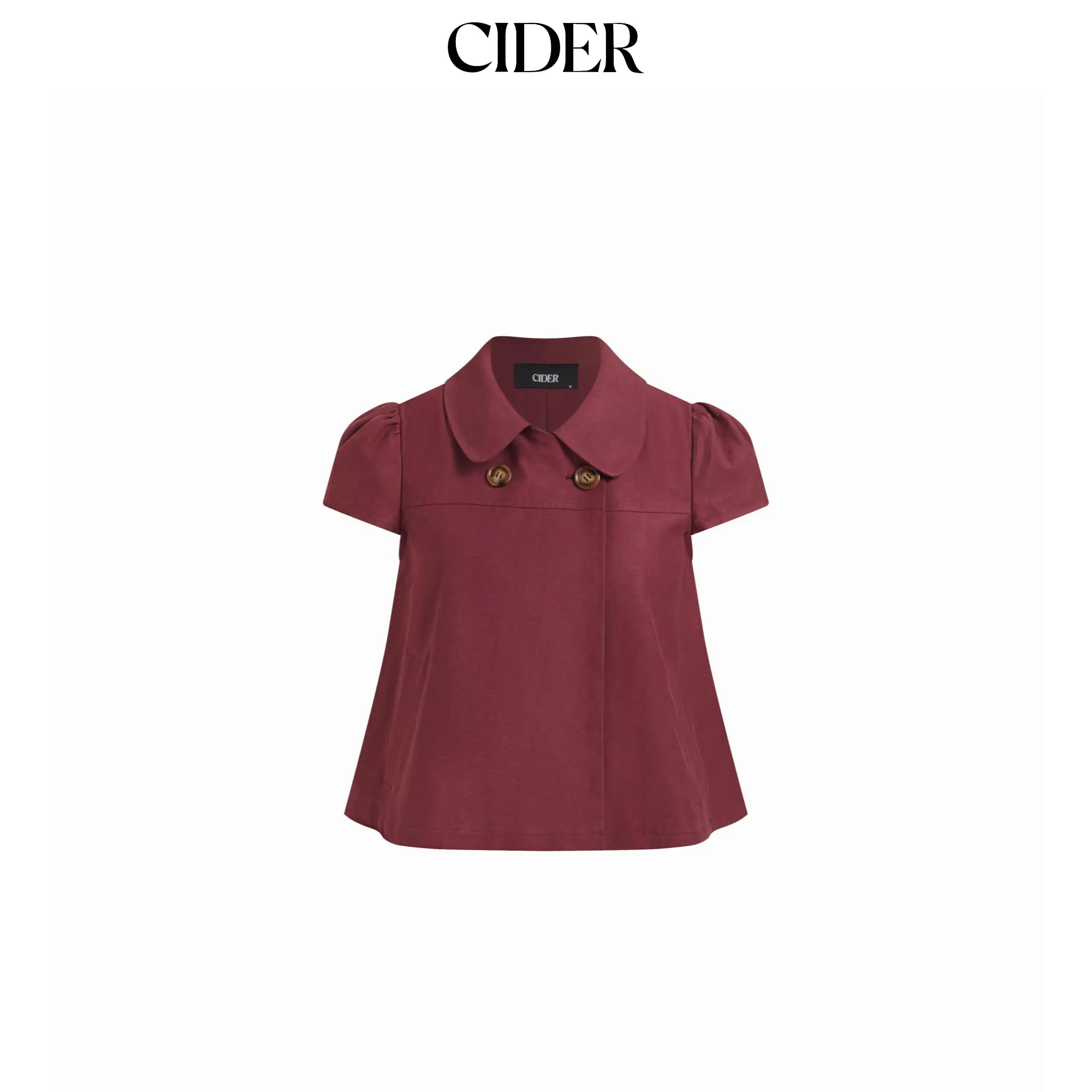 Cider Cotton-blend Collar Double Breasted Short Puff Sleeve Oversized Blouse