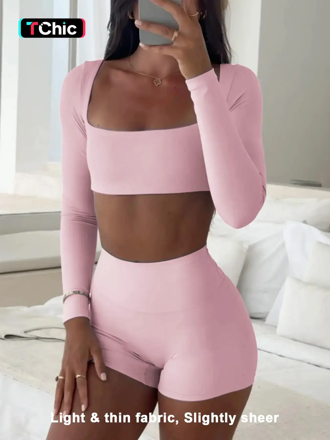 Women's Casual Sporty Plain Long Sleeve Top & Shorts Casual Activewear Set, Slim-Fit Thin Fabric for Fall Season, Comfortable Daily Wear Apparel, Athleisure Outfit
