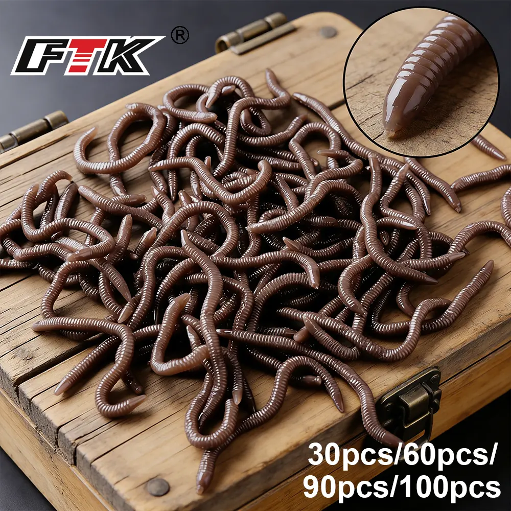 FTK 30/60pcs/90pcs/100pcs Realistic Red Soft Bait: Earthworm Shaped Red Worm Artificial Fishing Bait