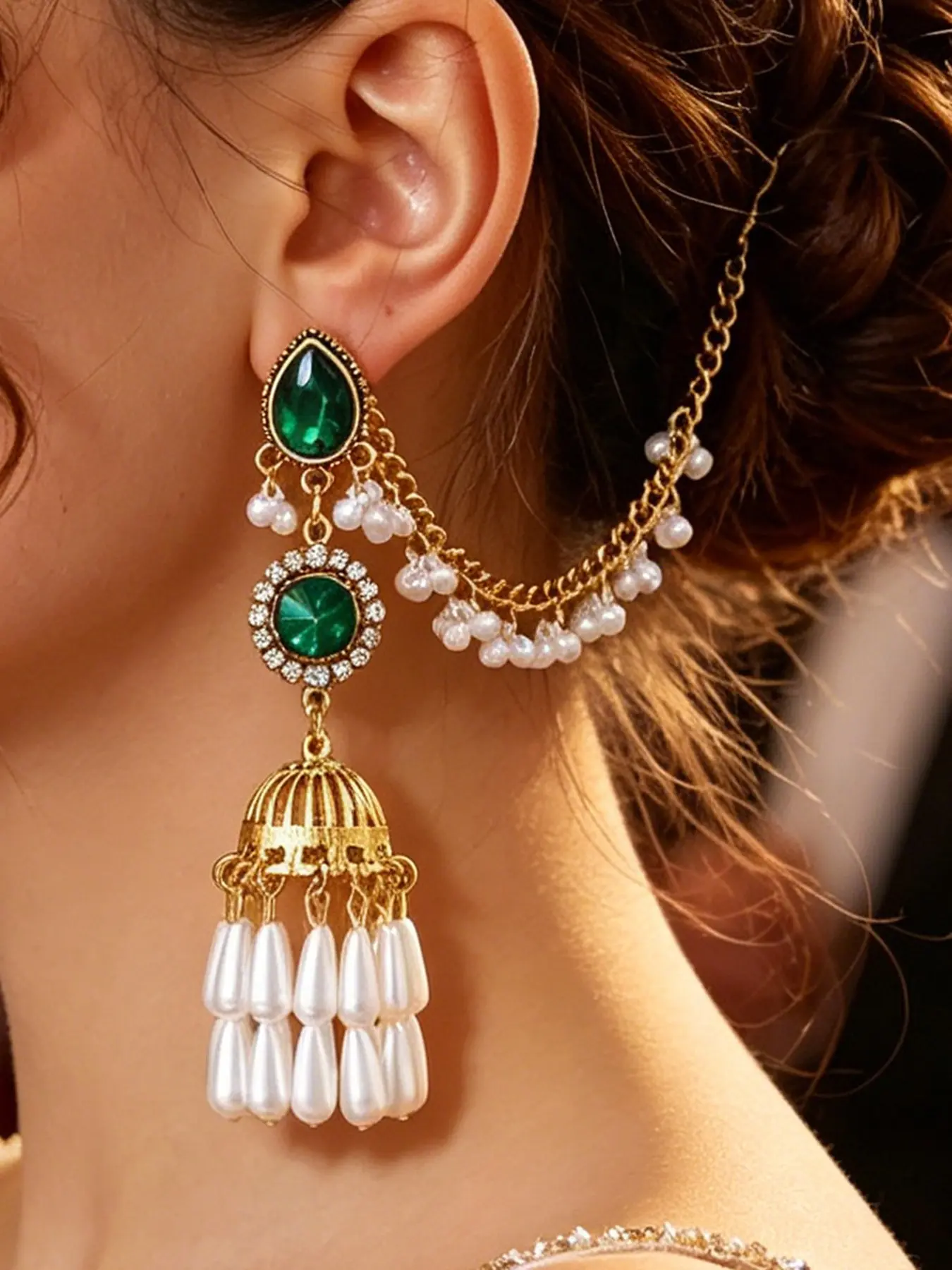 Indian Jhumka Earrings with Hair Chain for Women, Vintage Gold Champagne Crystal Pearl Tassel Bell Drop Earrings, Bollywood Bridal Wedding Boho Gypsy Festival Bahubali Jewelry Pack (1 Pair)