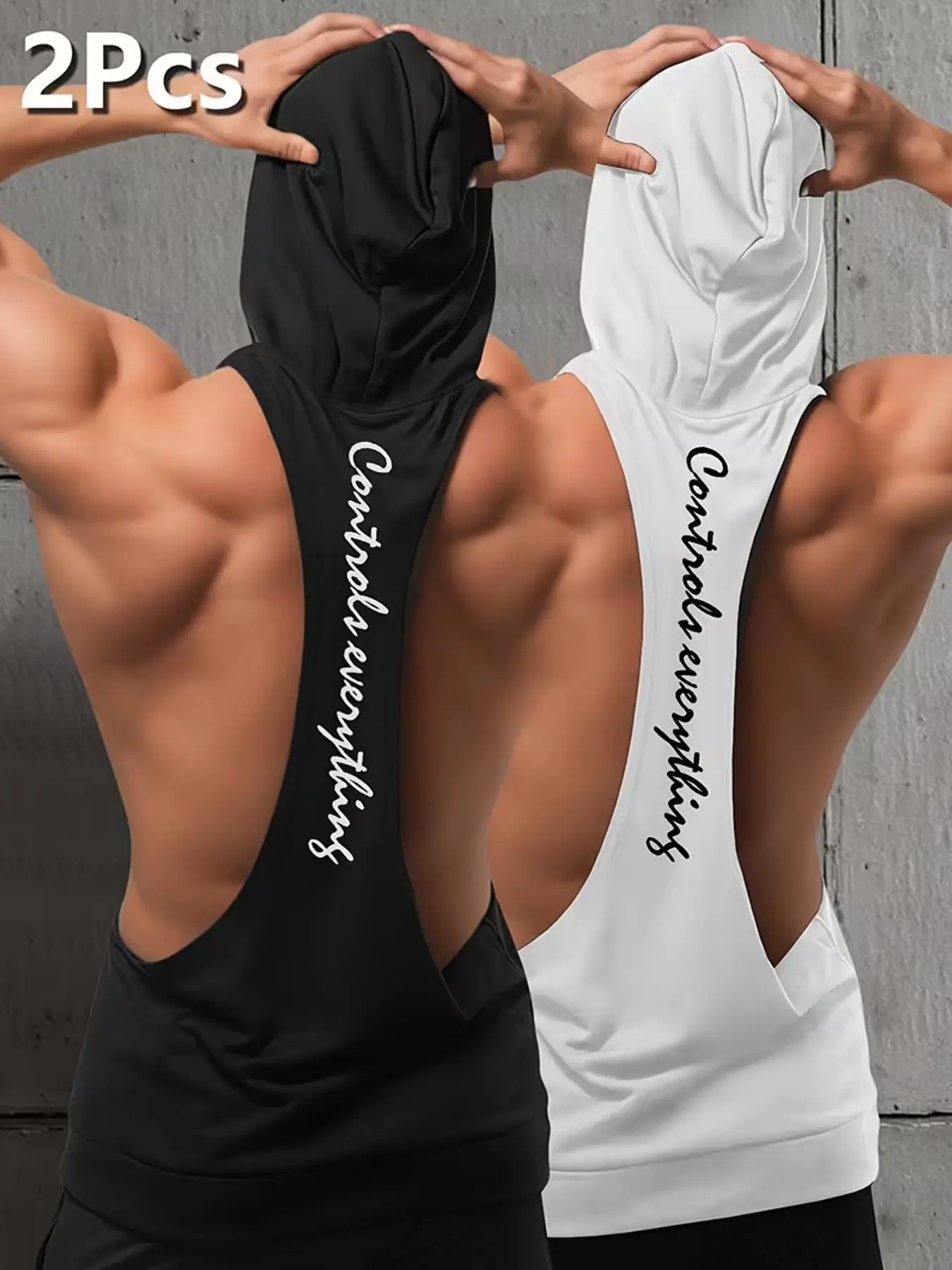 2 Pack Men's Hooded Stringer Tank Tops Fitness Activewear "Controls Everything" Open Back Bodybuilding Muscle Tanks For Weightlifting Gym Training