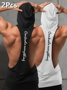 2 Pack Men's Hooded Stringer Tank Tops Fitness Activewear "Controls Everything" Open Back Bodybuilding Muscle Tanks For Weightlifting Gym Training