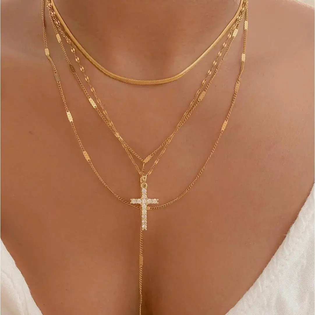 Women's Layered Rhinestone Cross Charm Necklace, Gold-Tone Chain Christian Charm Necklace for Females - Elegant Affordable Luxury Niche-Style Costume Jewelry Accessory, Rhinestone Necklaces