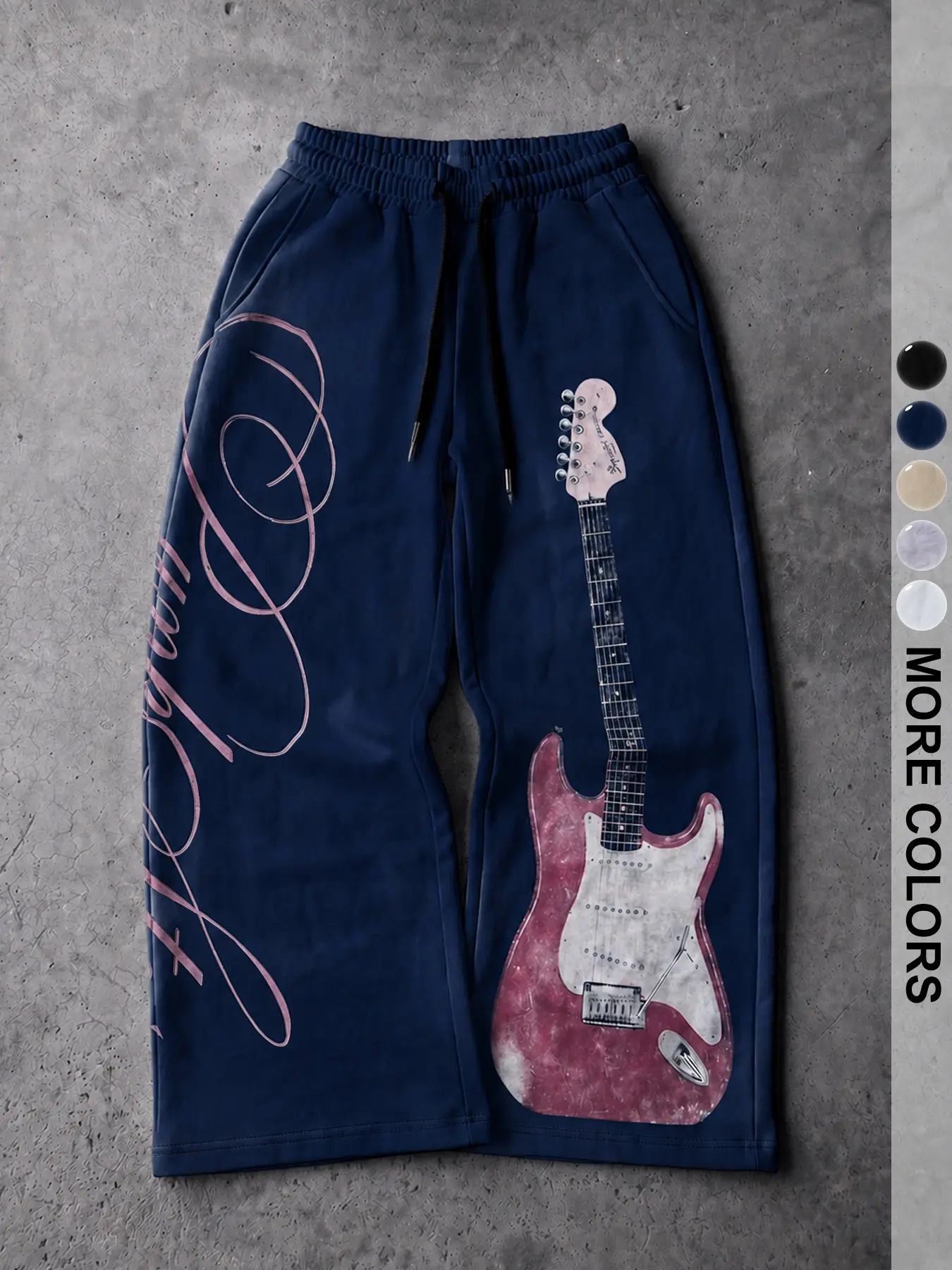 Men's American Vintage Electric Guitar & Letter Print Sweatpants | Elastic Drawstring Waist Streetwear Pants | Graphic Casual Bottoms for Daily Wear