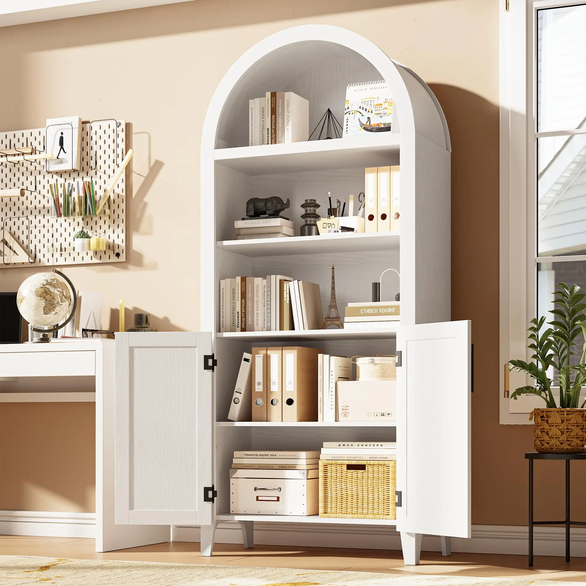 Arched 5-Tier Pantry Cabinet with Doors, Modern Farmhouse Storage Cupboard, Open Display Shelves, Multi-Use Furniture for Kitchen Dining Living Room Kitchen Storage Cabinets Home Storage Cabinet