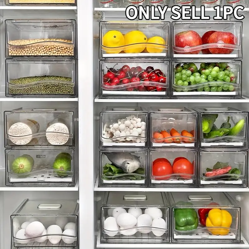 [Clear Organizer] Clear Stackable Refrigerator Organizer Drawer | PET Storage Bin with Ventilated Compartments for Fresh Fruits & Vegetables - Easy-Clean Kitchen Pantry and Freezer Solution, Fridge Organization