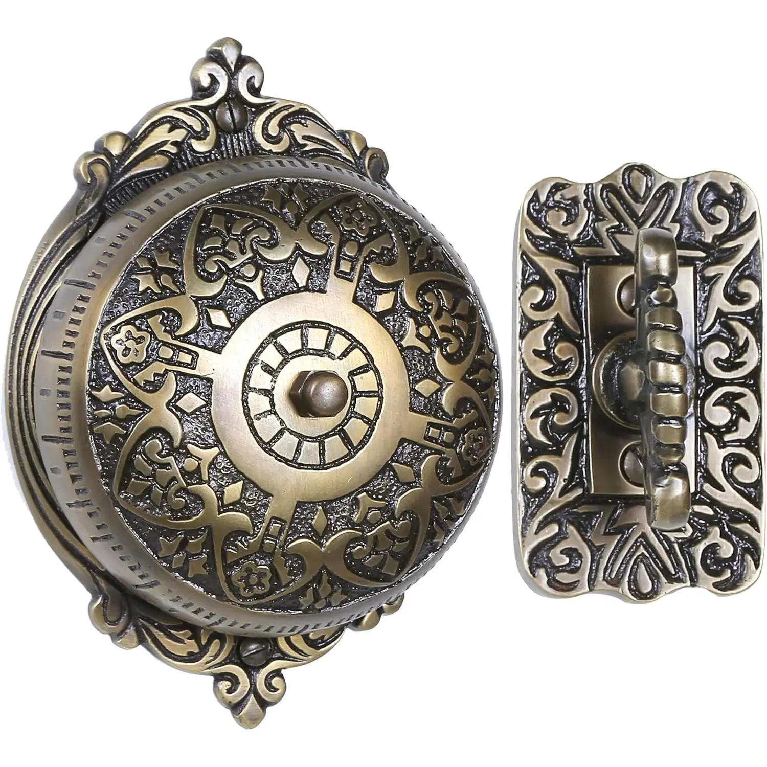 Solid Brass Antique Finish Doorbell Kit - Victorian Twist Mechanical Doorbell with Manual Turn Chime, DIY Installation, Decorative Classic Design, Chimes Sound