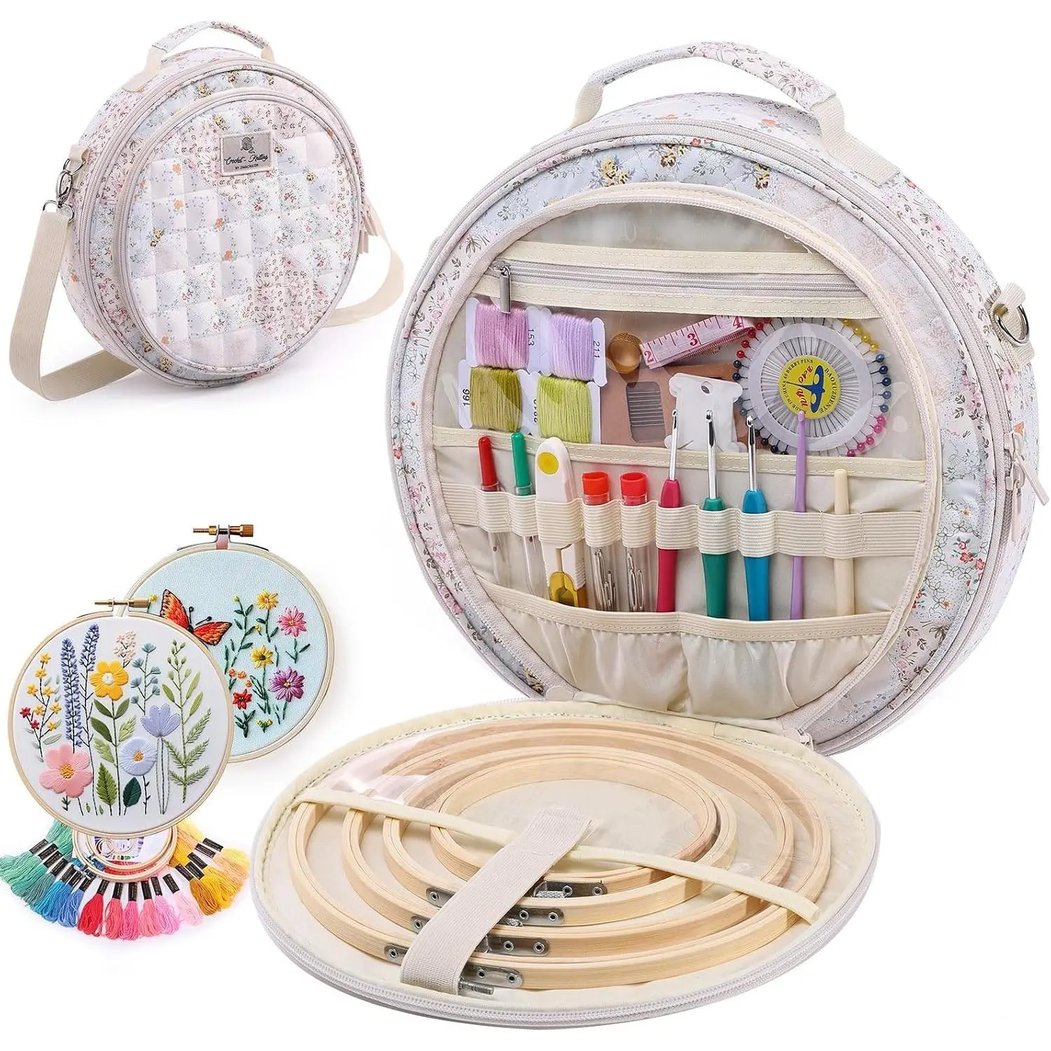 Round Embroidery Hoop Storage(Empty), Embroidery Bag for Hoops up to 11", Floss, Thread & Stitch Tools, Portable Cross Stitch Carrying Case with Multiple Pockets