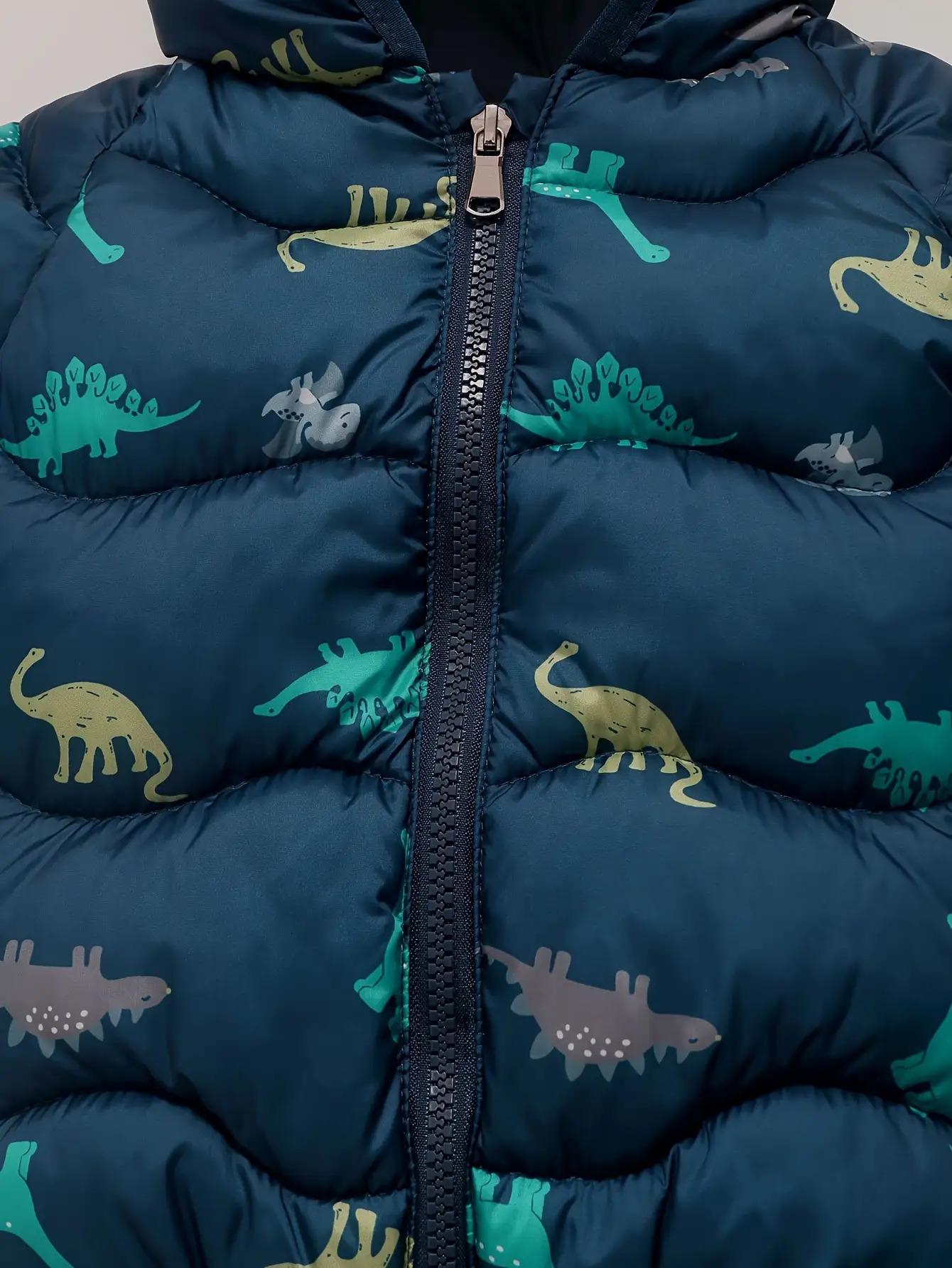 Boys' Dinosaur Hooded Winter Coat - Warm Insulated Jacket with Zipper Closure, Dark Blue Cartoon Dinosaur Print, Soft Polyester for Toddlers & Infants, Autumn & Winter Outerwear, Kids Zippered Sweatshirt, Playful Kids Fashion, Durable Kids Wear, Cold Weat